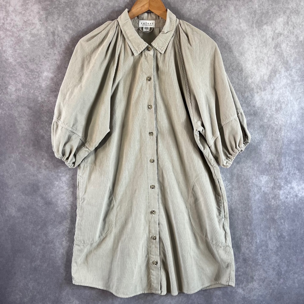 Velvet by‎ Graham & Spencer Shirt Dress Womens Medium Beige Corduroy Puff Sleeve